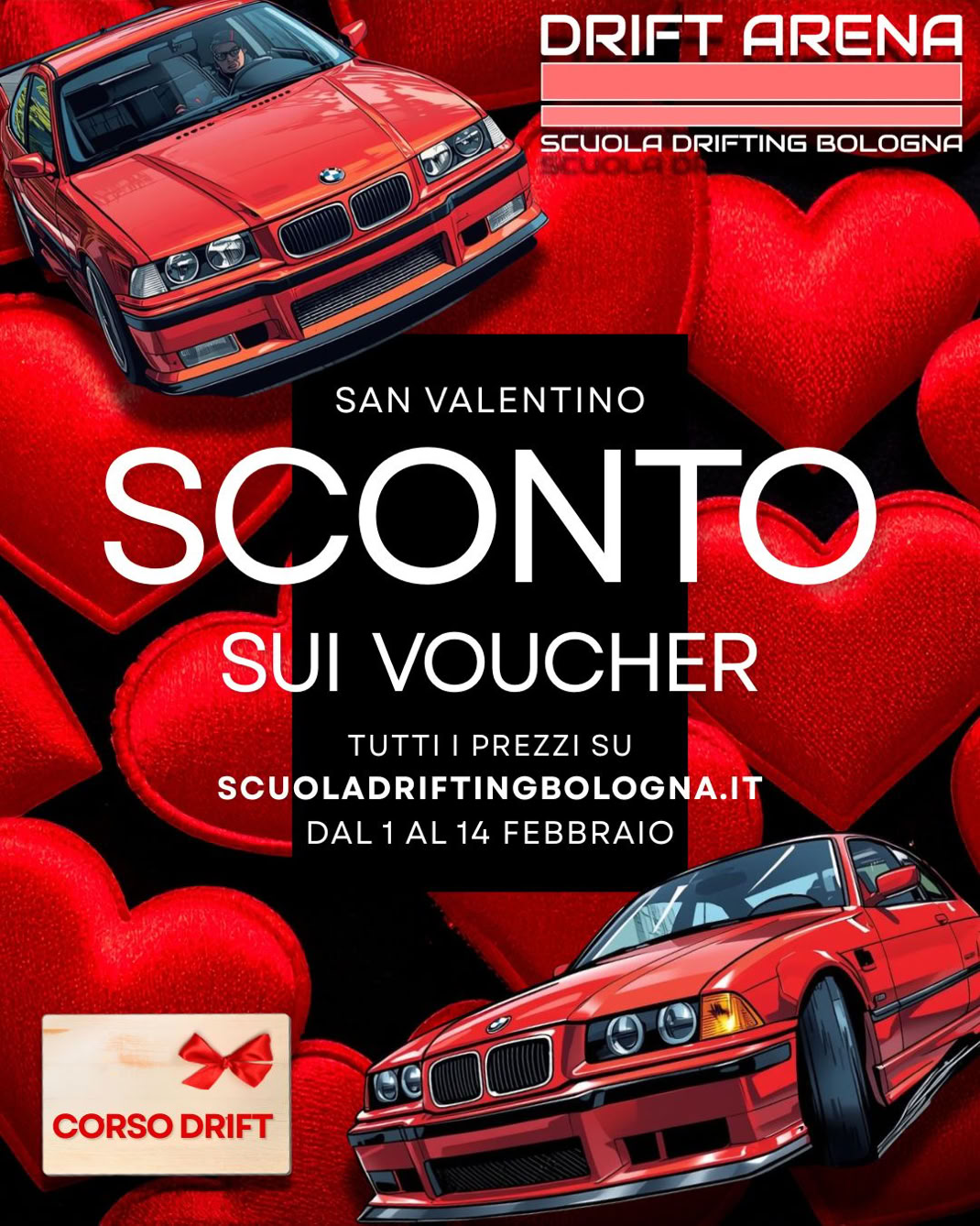 Regala un corso di Drifting al tuo Partner, approfitta dell'offerta di San Valentino. 